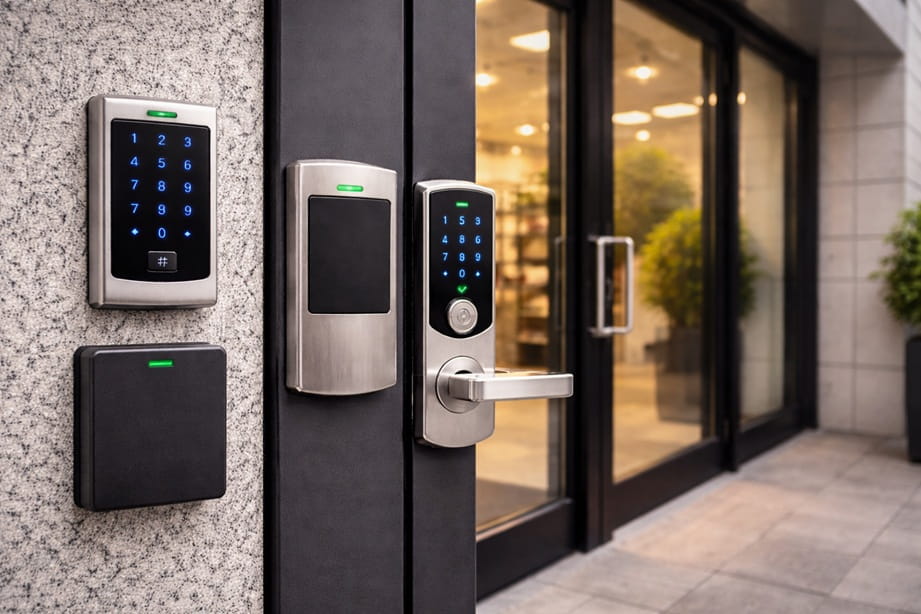 Puerta de oficina con sistema de cierre seguro en Valladolid