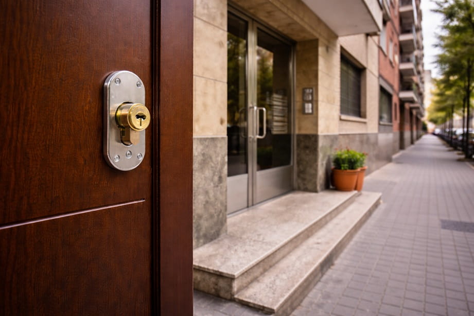 Entrada de edificio en barrio Circular Valladolid con puerta metálica de seguridad
