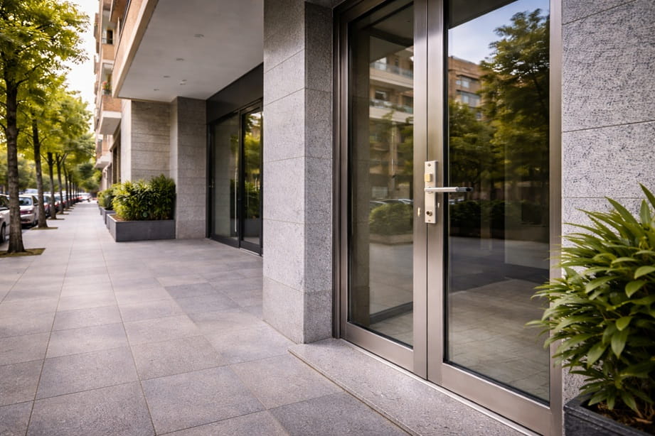 Entrada moderna en Huerta del Rey Valladolid con puerta de seguridad