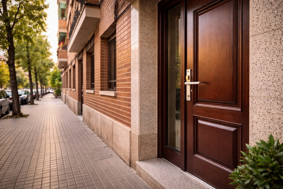 Entrada de edificio en Las Delicias Valladolid con cerradura de seguridad