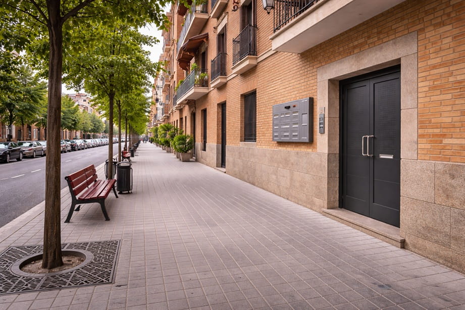 Calle urbana en Mojados Valladolid con puerta de seguridad instalada