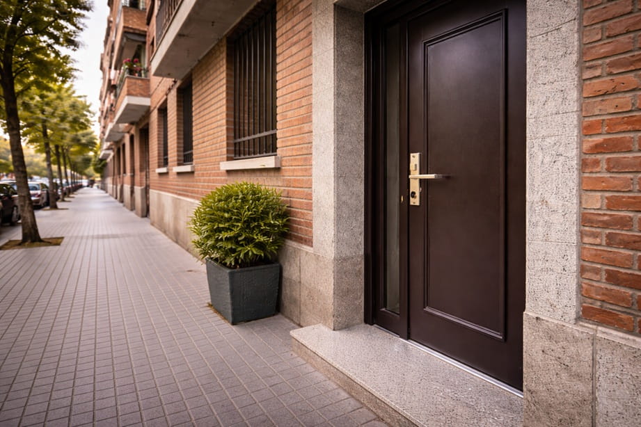 Entrada de edificio en Pajarillos Valladolid con puerta de seguridad