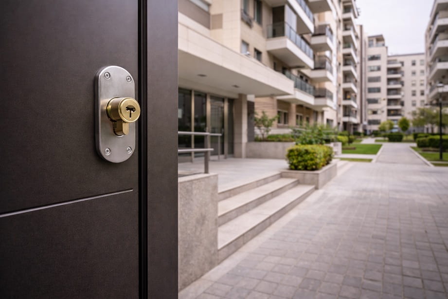 Urbanización moderna en Parque Alameda Valladolid con puerta de seguridad