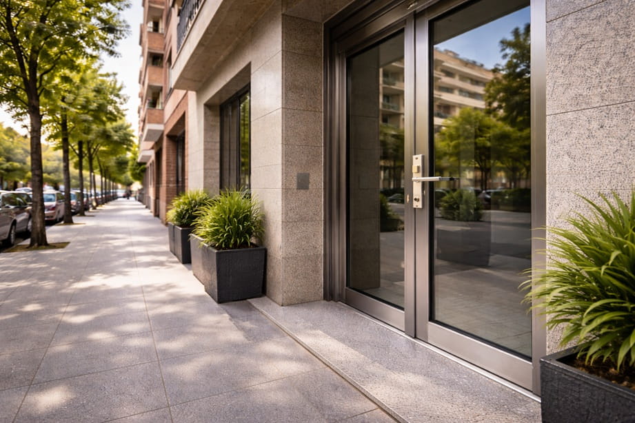Portal urbano en Paseo Zorrilla Valladolid con puerta metálica de seguridad