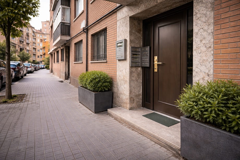 Entrada de edificio en Pilarica Valladolid con puerta de seguridad