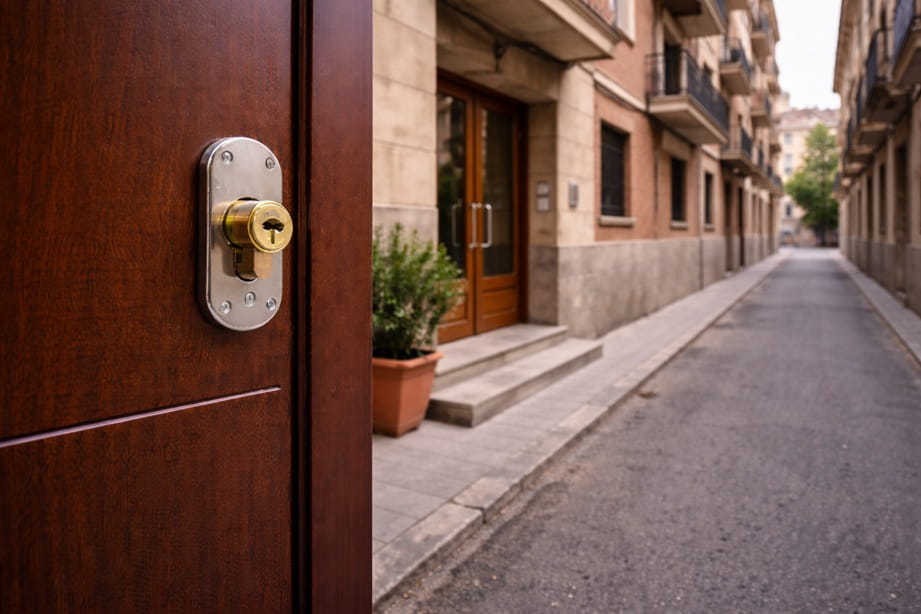 Entrada de edificio en San Juan Valladolid con puerta de seguridad