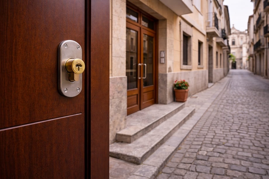 Entrada residencial en San Nicolás Valladolid con cerradura de seguridad