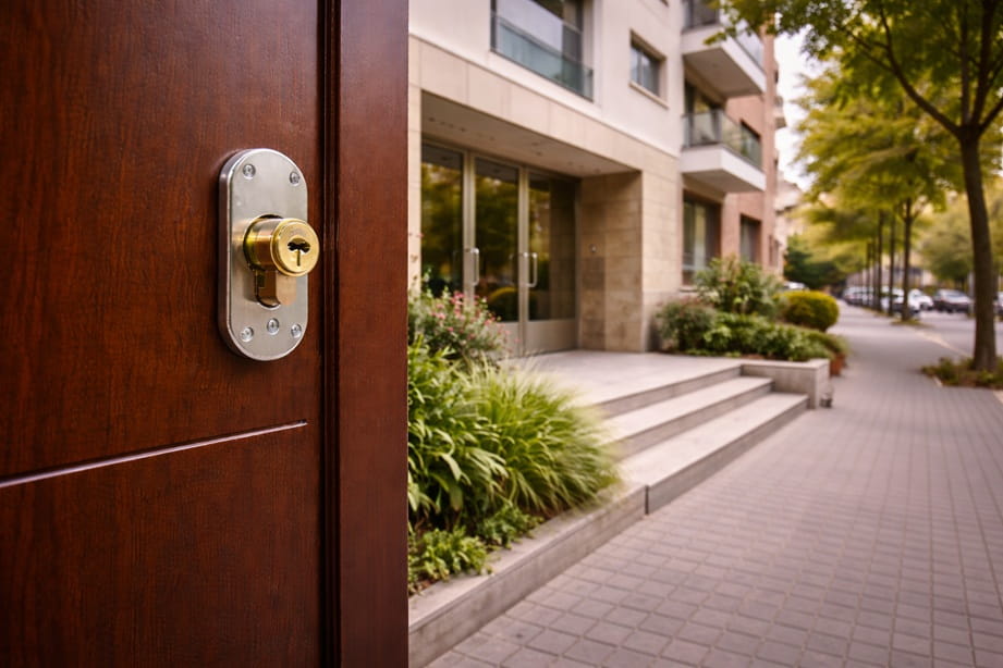Portal residencial en zona Universidad Valladolid con puerta de seguridad