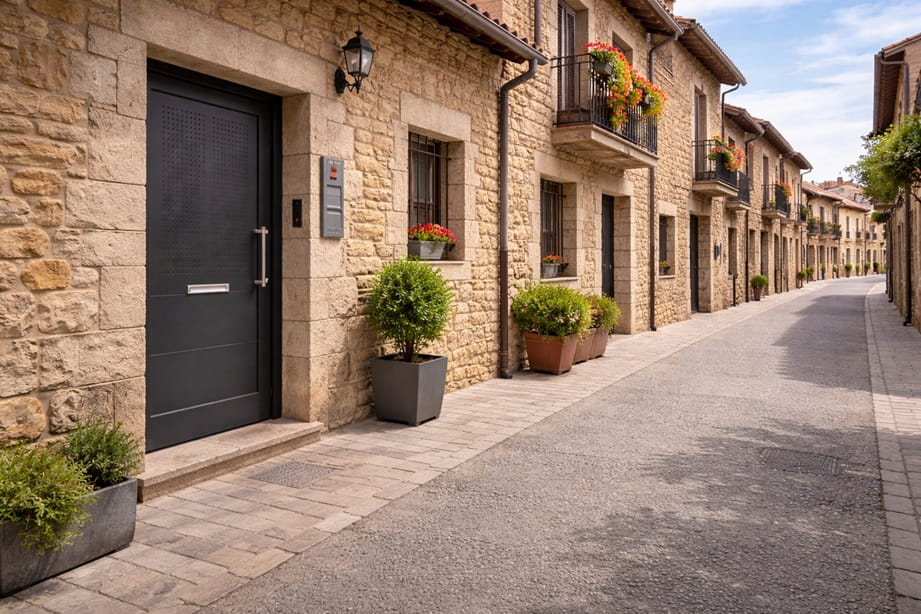 Calle tradicional en Viana de Cega Valladolid con puerta de seguridad