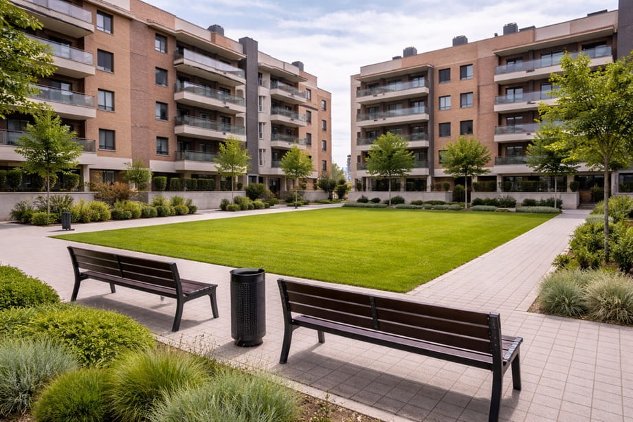Patio comunitario en Villanubla Valladolid con puerta de seguridad